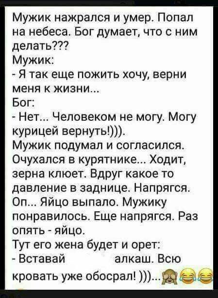 Мужик нажрался и умер. Попал на небо. Бог думает, что с ним делать??? Мужик: - Я так еще пожить хочу, верни меня к жизни... Бог: - Нет... Человеком не могу. Могу курицей вернуть))). Мужик подумал и согласился. Очуился в курятнике... Ходит, зерна клюет. Вдруг какое-то давление в заднице. Напрягся. Оп... Яйцо выпало. Мужику понравилось. Еще напрягся. Раз опять - яйцо. Тут его жена будет и орет: - Вставай алкаш. Всю кровать уже обосрал !)))