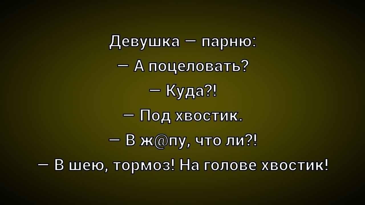 Девушка – парню:
– А поцеловать?
– Куда?!
– Под хвостик.
– В ж@пу, что ли?!
– В шею, тормоз! На голове хвостик!