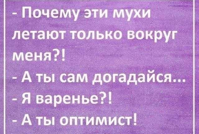 - Почему эти мухи летают только вокруг меня?!
- А ты сам догадайся...
- Я варенье?!
- А ты оптимист!