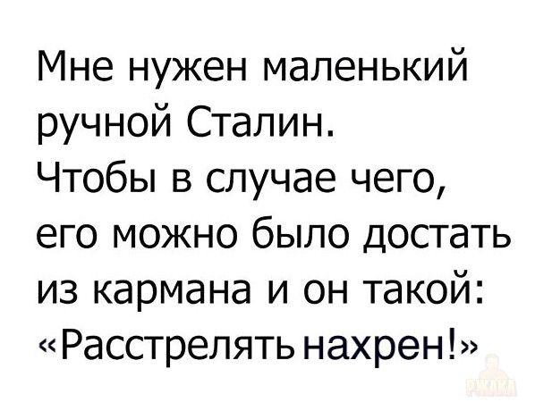 Мне нужен маленький ручной Сталин. Чтобы в случае чего, его можно было достать из кармана и он такой: «Расстрелять нахрен!»