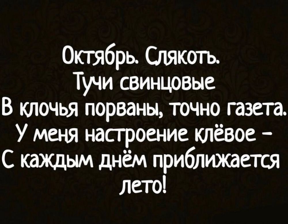 Октябрь. Слякоть.
Тучи свинцовые
В ключья порваны, точно газета.
У меня настроение клёвое -
С каждым днём приближается лето!