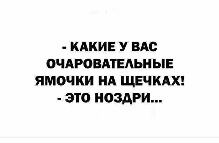 - КАКИЕ У ВАС ОЧАРОВАТЕЛЬНЫЕ ЯМОЧКИ НА ЩЕЧКАХ!
- ЭТО НОЗДРИ...