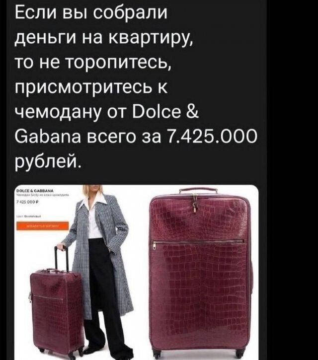 Если вы собрали деньги на квартиру, то не торопитесь, присмотритесь к чемодану от Dolce & Gabana всего за 7.425.000 рублей.