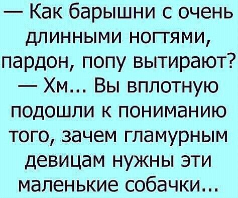 — Как барышни с очень длинными ногтями, пардон, попу вытирают?
— Хм... Вы вплотную подошли к пониманию того, зачем гламурным девицам нужны эти маленькие собачки...