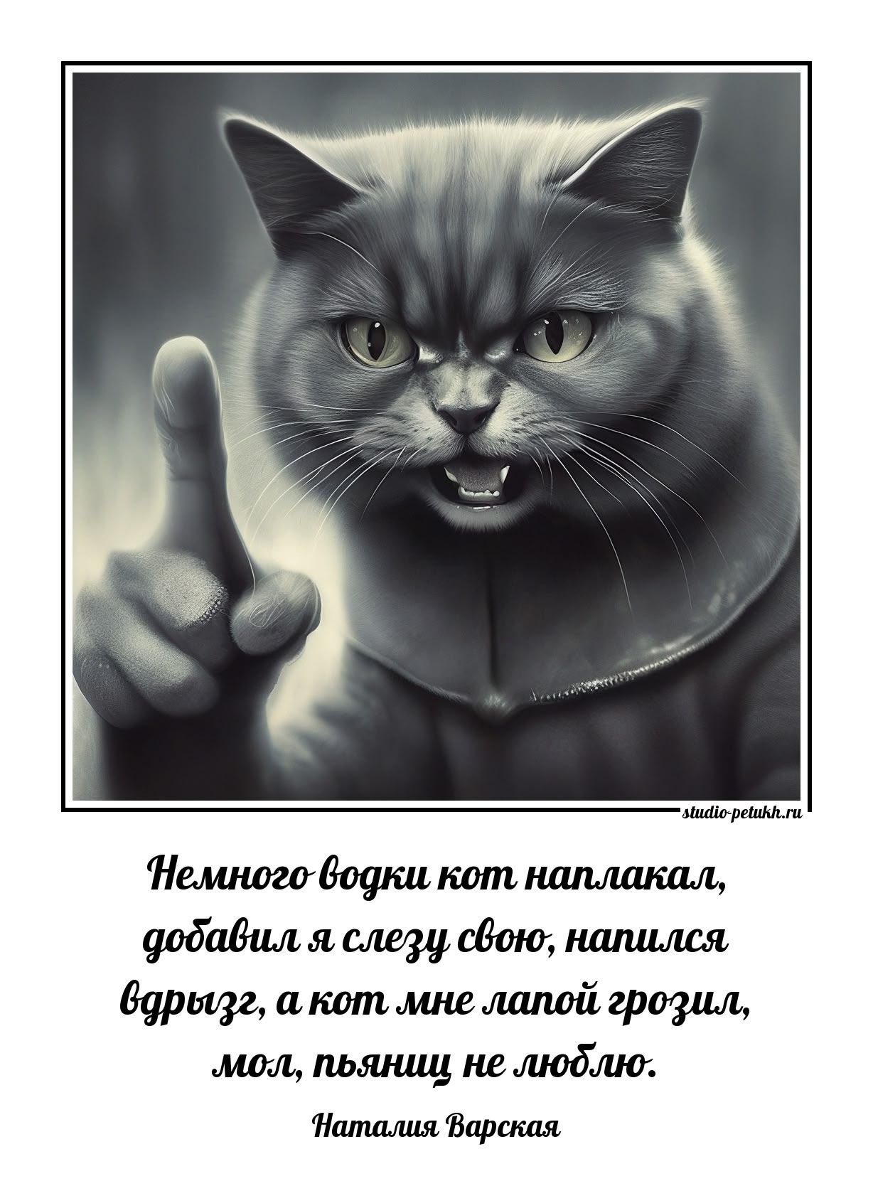 Немного водки кот наплакал, добыл я слезу свою, напился вдрызг, а кот мне лапой грозил, мол, пьяницы не люблю. Наталия Варская
