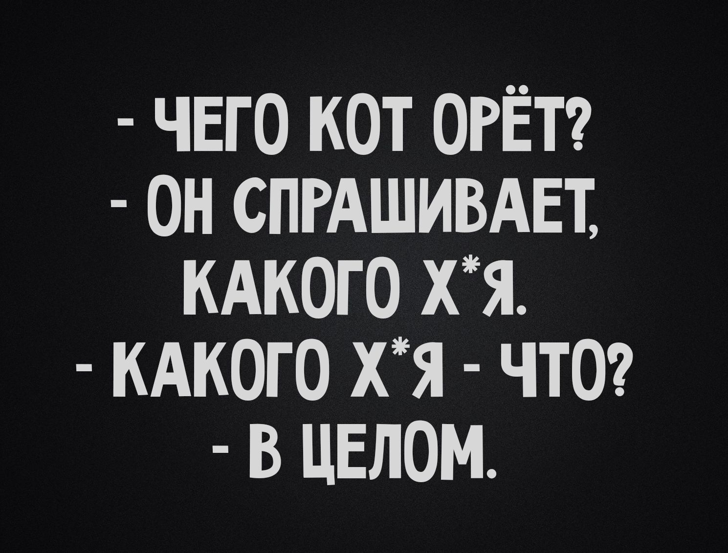 - ЧЕГО КОТ ОРЁТ? - ОН СПРАШИВАЕТ, КАКОГО Х*Я. - КАКОГО Х*Я - ЧТО? - В ЦЕЛОМ.