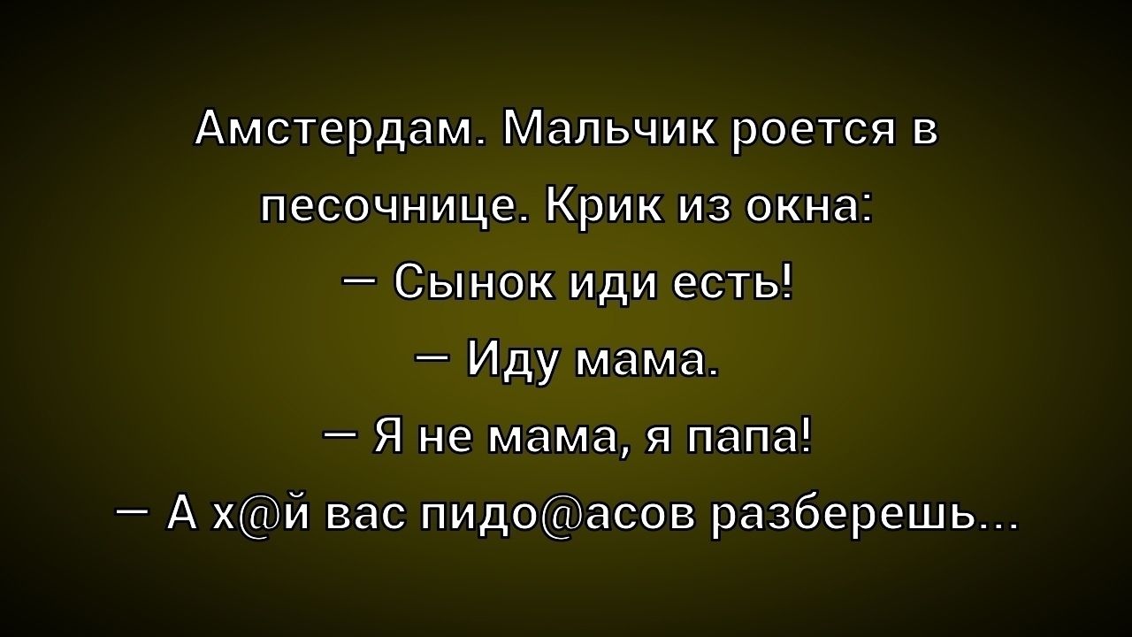 Амстердам. Мальчик роется в песочнице. Крик из окна: — Сынок иди есть! — Иду мама. — Я не мама, я папа! — А х@й вас пидорасов разберешь...
