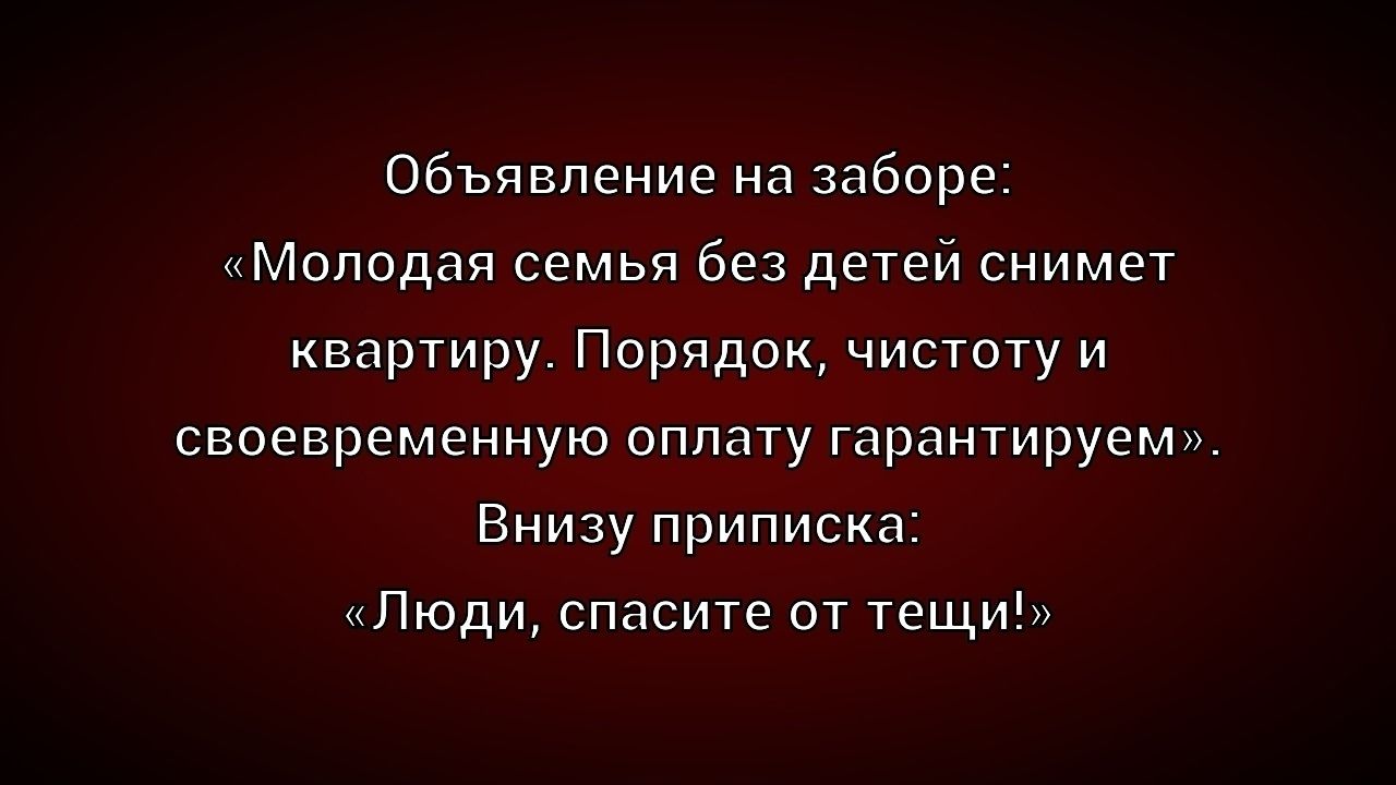 Объявление на заборе: «Молодая семья без детей снимет квартиру. Порядок, чистоту и своевременную оплату гарантируем», Внизу приписька: «Люди, спасайте от тещи!»