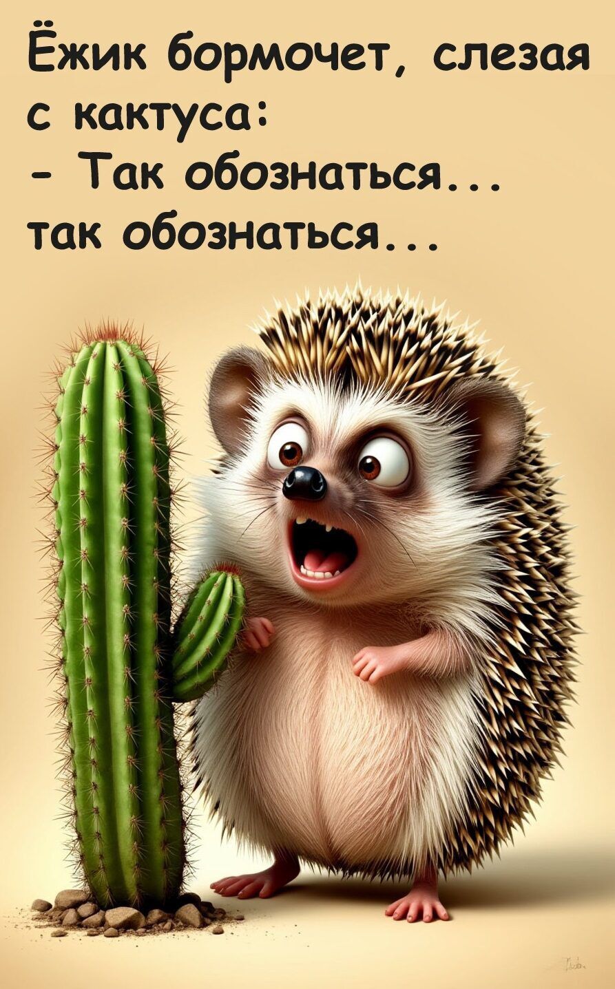 Ёжик бормочет, слезая с кактуса: - Так обозначаться... так обозначаться...