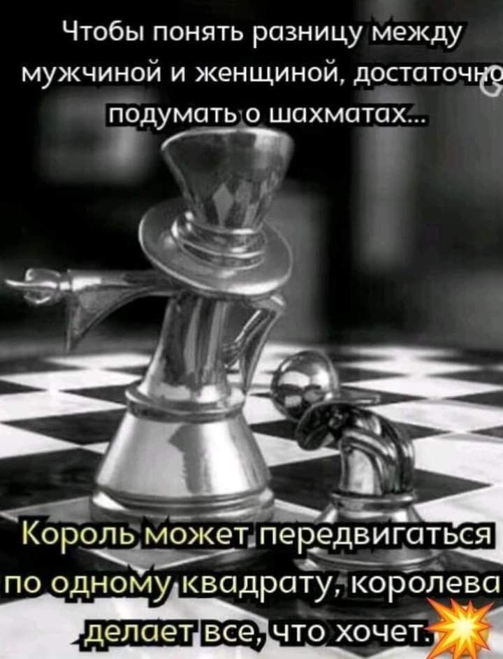Чтобы понять разницу между мужчиной и женщиной, достаточно подумать о шахматах... Король может передвигаться по одному квадрату, королева делает все, что хочет.