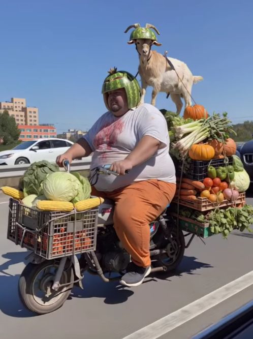 Мужчина на мотоцикле с тележкой овощей; на голове арбузный шлем, на заднем плане — коза в шлеме, лавка с овощами.