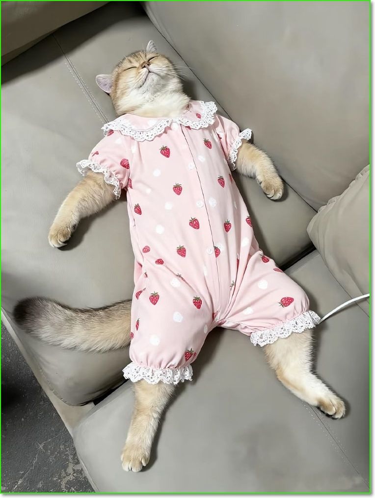 Спящий кот в розовой пижаме с кружевами на диване.