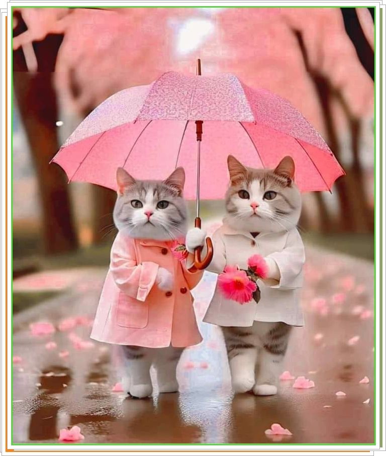 Два кота в костюмах держат розовые зонтики на мокрой дорожке.