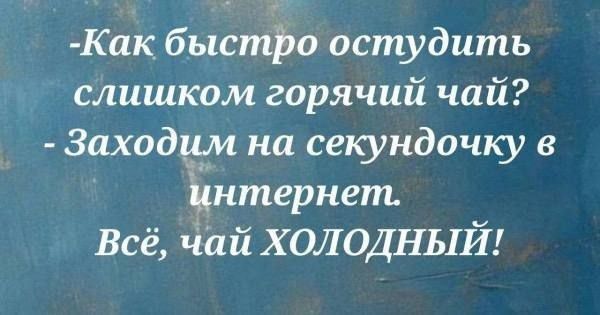-Как быстро остудить слишком горячий чай?
- Заходим на секундочку в интернет.
Всё, чай ХОЛОДНЫЙ!