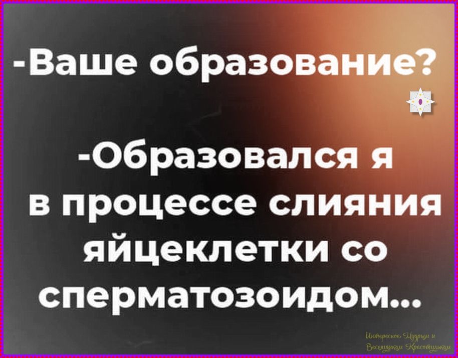 -Ваше образование?\n-Образовалcя я в процессе слияния яйцеклетки со сперматозоидом...