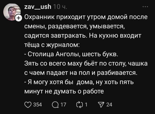 Охранник приходит утром домой после смены, раздевается, умывается, садится за завтрак. На кухню входит тёща с журналом: - Столица Анголы, шесть букв. Зять со всего маху бьёт по столу, чашка с чаем падает на пол и разбивается. - Я могу хотя бы дома, ну хоть пять минут не думать о работе