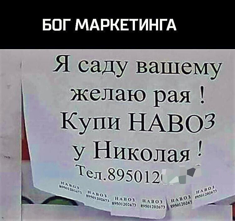 Бог маркетинга
Я саду вашему желаю рая ! Купи НАВОЗ у Николая ! Тел.8950121