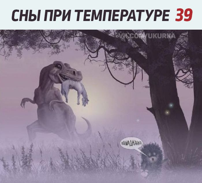 СНЫ ПРИ ТЕМПЕРАТУРЕ 39. На снимке динозавр обнимает маленького зверька в лесу; на переднем плане ёжик со словами «Молодака».
