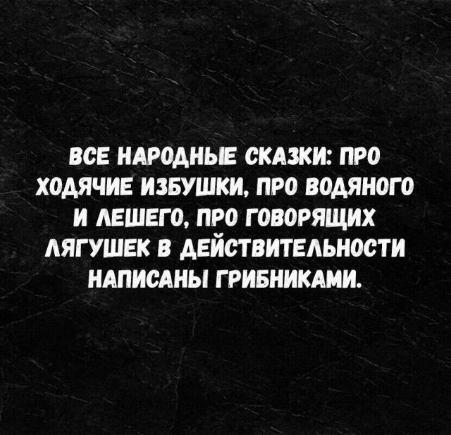 ВСЕ НАРОДНЫЕ СКАЗКИ: ПРО ХОДЯЧИЕ ИЗБУШКИ, ПРО ВОДЯНОГО И ЛЕШЕГО, ПРО ГОВОРЯЩИХ ЛЯГУШЕК В ДЕЙСТВИТЕЛЬНОСТИ НАПИСАНЫ ГРИБНИКАМИ.