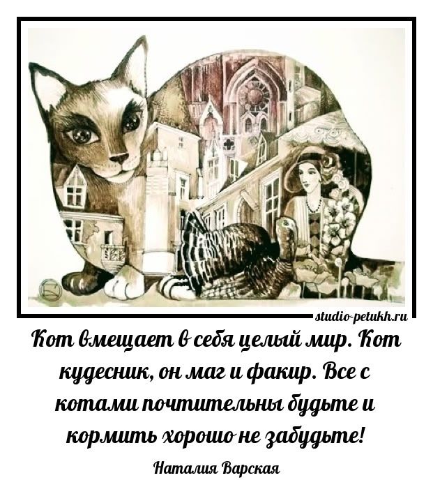Кот помещает в себя целый мир. Кот чародник, он маг и фанкир. Все с котами почтительны будьте и кормить хорошо не забудьте! Наталия Варская