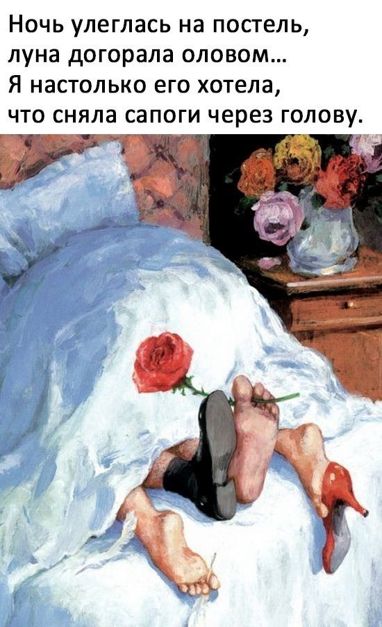 Ночь улеглась на постель, луна договорила оловом... Я настолько его хотела, что сняла сапоги через голову.
