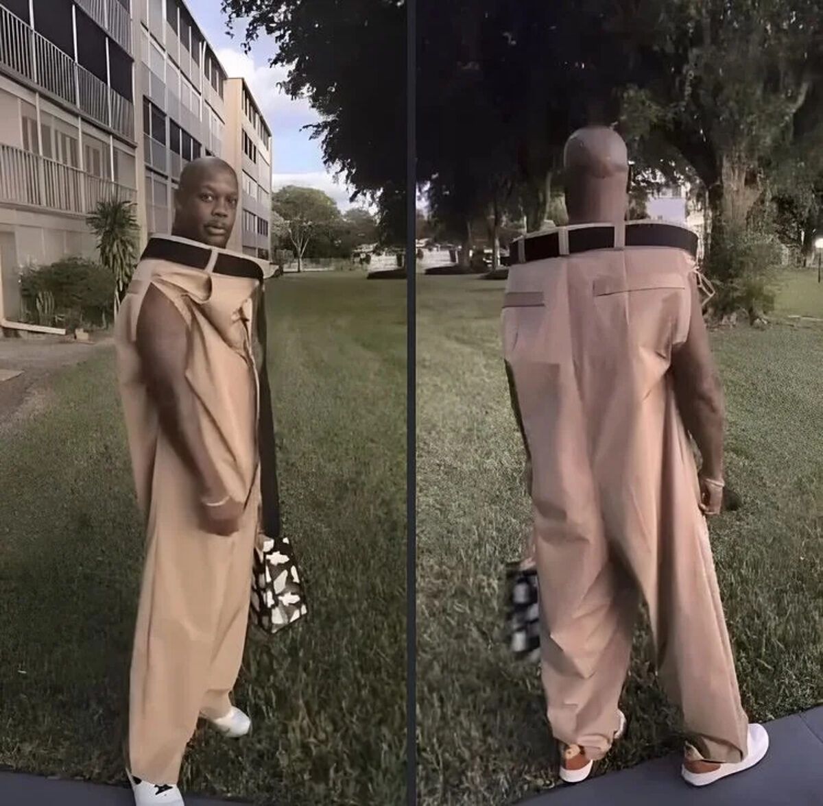 Человек в массивном бежевом костюме на улице, две стороны кадра