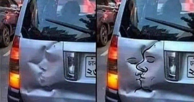Два кадра машины с изображениями губ и лица на заднем бампере.