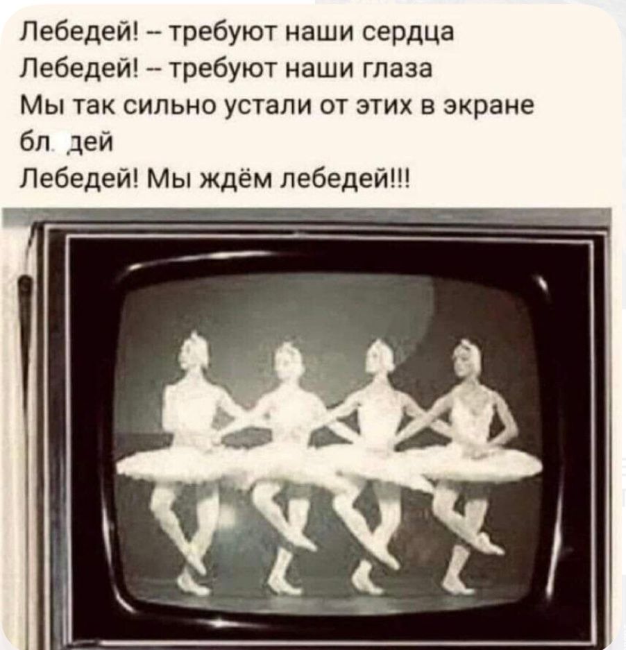 Лебедей! -- требуют наши сердца
Лебедей! -- требуют наши глаза
Мы так сильно устали от этих в экране бл. дей
Лебедей! Мы ждём лебедей!!!