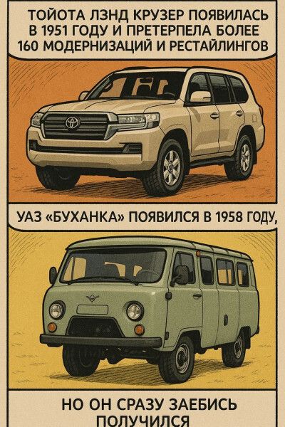 ТОЙОТА ЛЗНД КРУЗЕР ПОЯВИЛАСЬ В 1951 ГОДУ И ПРЕТЕРПЕЛА БОЛЕЕ 160 МОДЕРНИЗАЦИЙ И РЕСТАЙЛИНГОВ\nУАЗ «БУХАНКА» ПОЯВИЛСЯ В 1958 ГОДУ,\nНО ОН СРАЗУ ЗАЕБИСЬ ПОЛУЧИЛСЯ