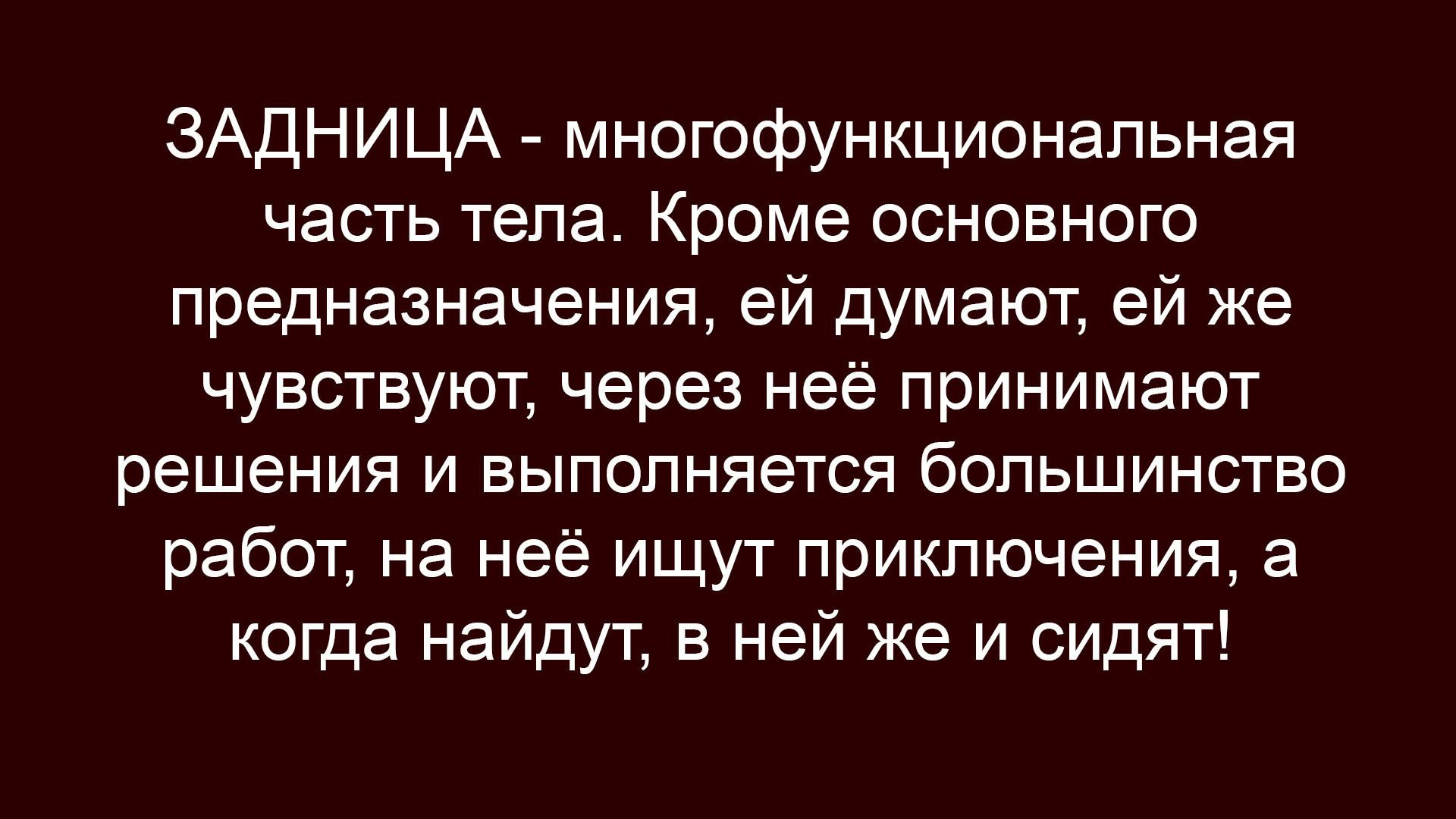 ЗАДНИЦА - многофункциональная часть тела. Кроме основного предназначения, ей думают, ей же чувствуют, через неё принимают решения и выполняется большинство работ, на неё ищут приключения, а когда найдут, в ней же и сидят!