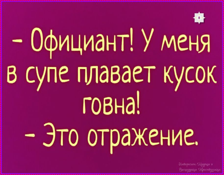 - Официант! У меня в супе плавает кусок говна! - Это отражение.
