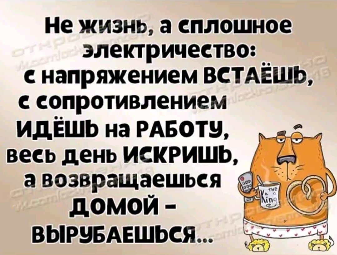 Не жизнь, а сплошное электричество: С напряжением ВСТАЁШЬ, С СОПРОТИЛЕНИЕМ ИДЁШЬ на РАБОТУ, весь день ИСКРИШЬ, а возвращаешься ДОМОЙ – ВЫРУБАЕШЬСЯ...