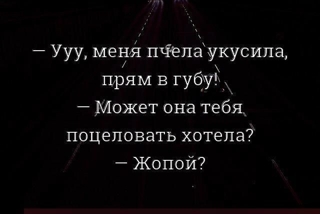 – Ууу, меня пчела укуcила, прямо в губу! – Может она тебя поцеловать хотела? – Жопой?