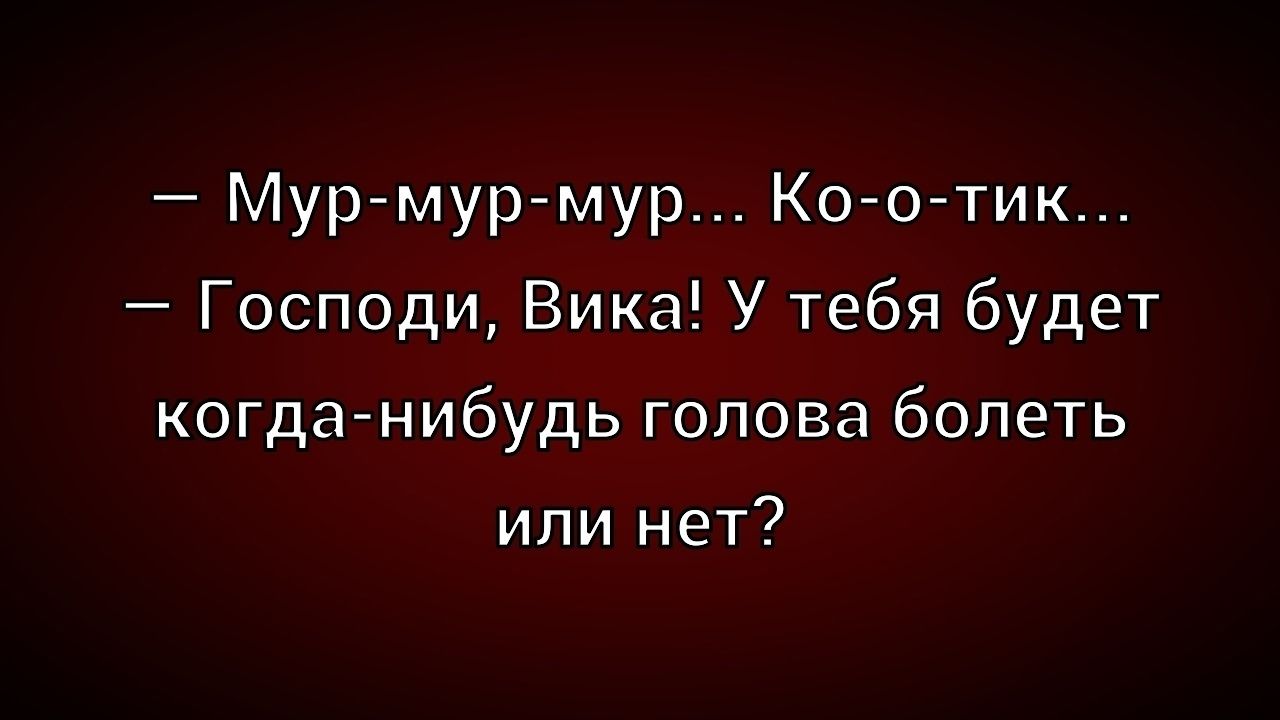 — Мур-мур-мур... Ко-о-тик... 
— Господи, Вика! У тебя будет когда-нибудь голова болеть или нет?