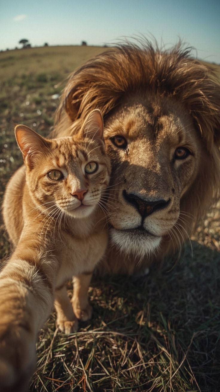 Лев и кот вместе близко к камере на открытом поле