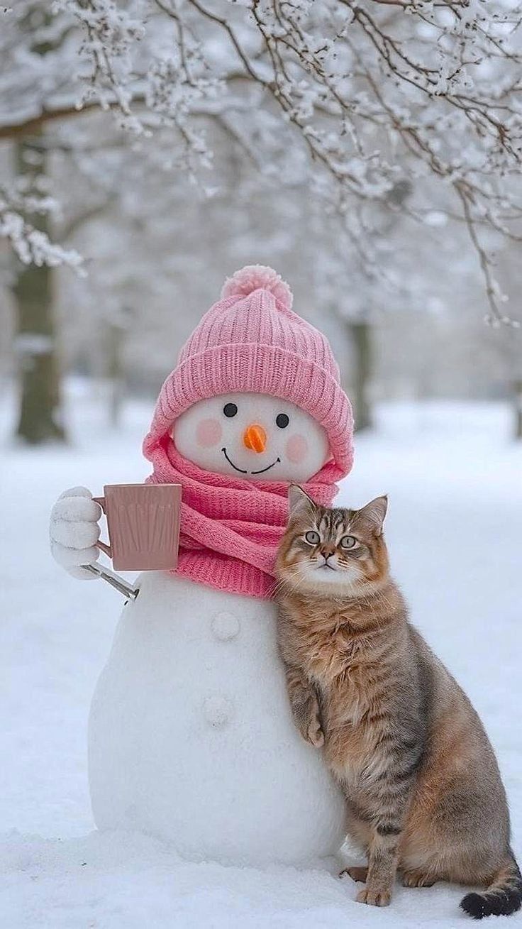 Снеговик в розовой шапке и шарфе держит чашку, рядом сидит рыжий кот на снежном фоне