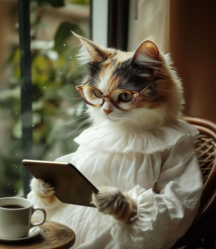 Кот в очках в белом наряде держит планшет у окна за кружкой кофе.