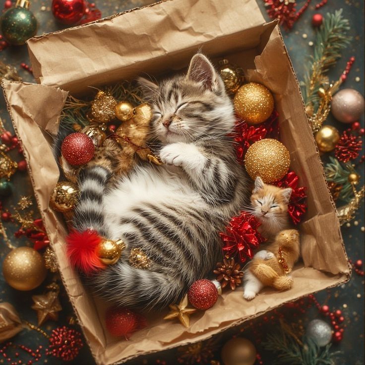 Две кошки в коробке, окруженные праздничными елочными игрушками.