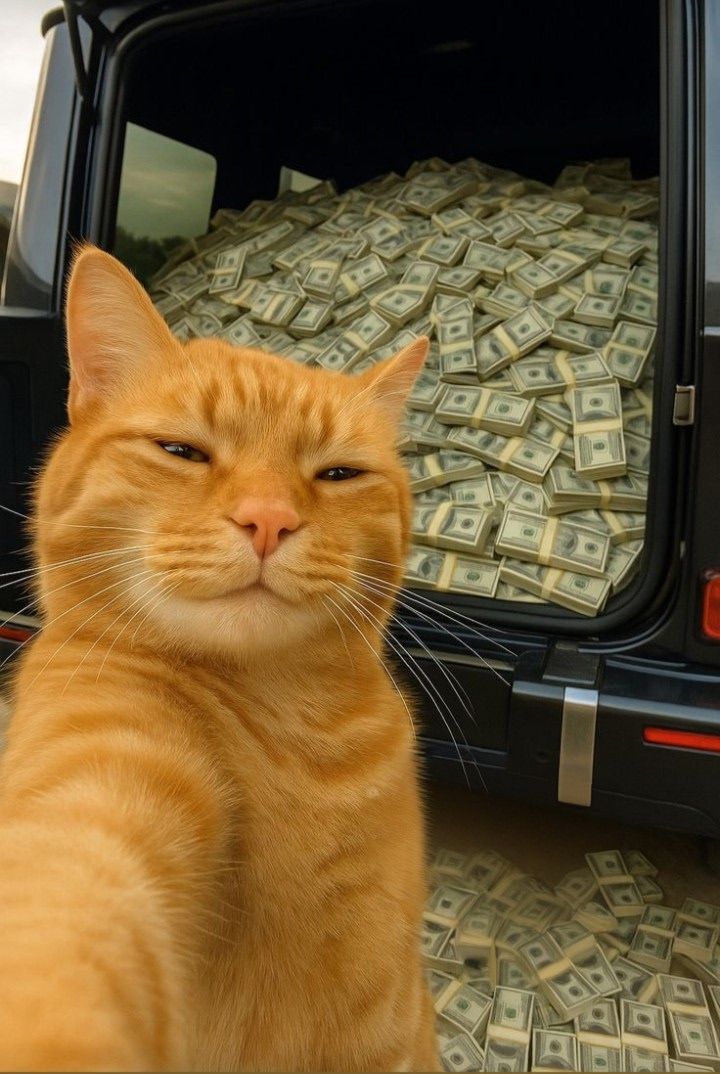 Рыжий кот на фоне багажника с кучей бумажных долларов.