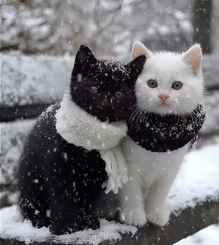 Две котята в снегу, одна белая и одна черная, обнимаются в шарфах.
