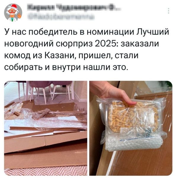 У нас победитель в номинации Лучший новогодний сюрприз 2025: заказали комод из Казани, пришел, стали собирать и внутри нашли это.