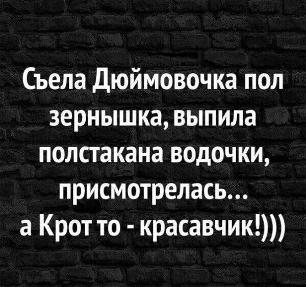 Съела Дюймовочка пол зернышка, выпила полстакана водочки, присмотрелась... а Крот то - красавчик!)))