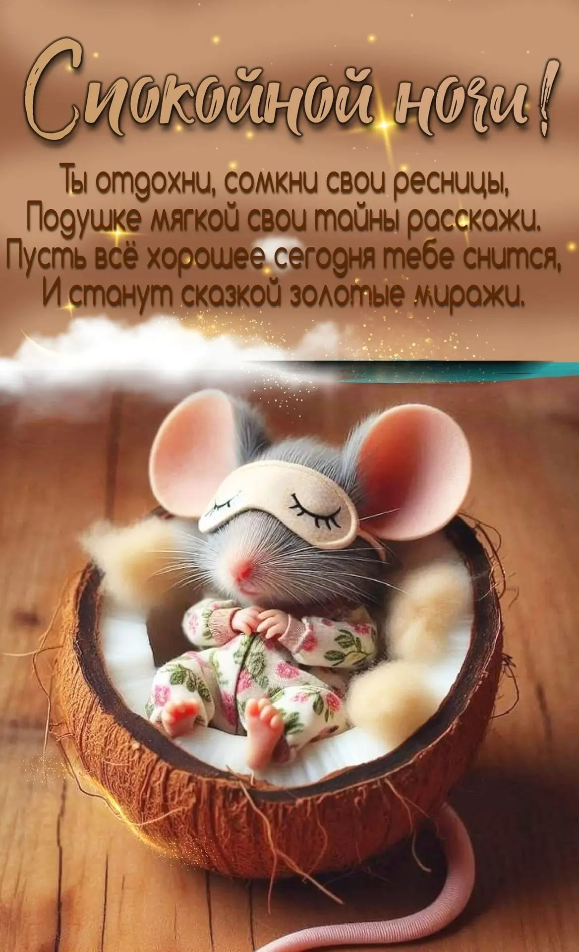 Спокойной ночи! Ты отдохни, сомкни свои ресницы, Подушке мягкой свои тайны расскажи, Пусть всё хорошее сегодня тебе снится, И станут сказкой золотые миры.