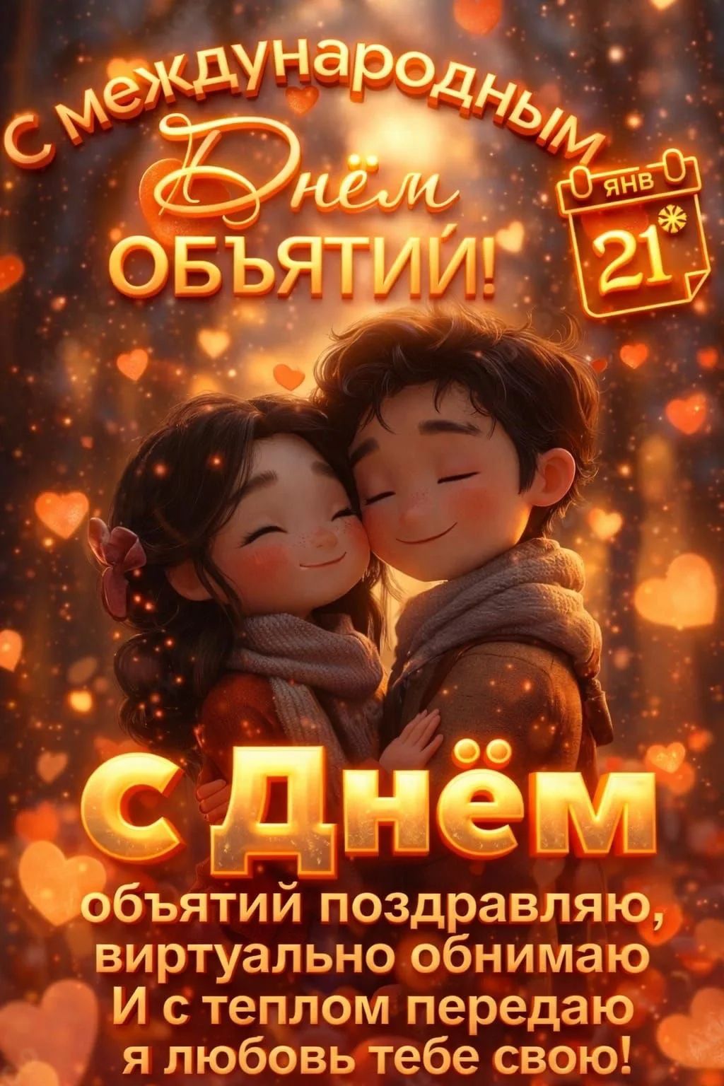 С Международным Днём Объятий! С Днём объятий поздравляю, виртуально обнимаю и с теплом передаю я любовь тебе свою! Янв 21