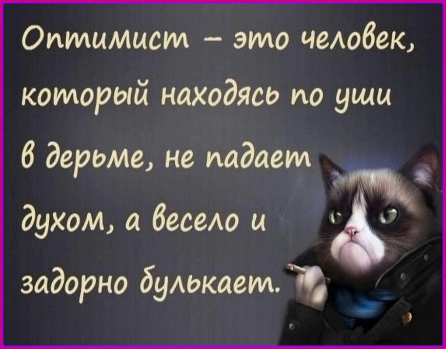 Оптимист – это человек, который находясь по уши в дерьме, не падает духом, а весело и задорно булкает.