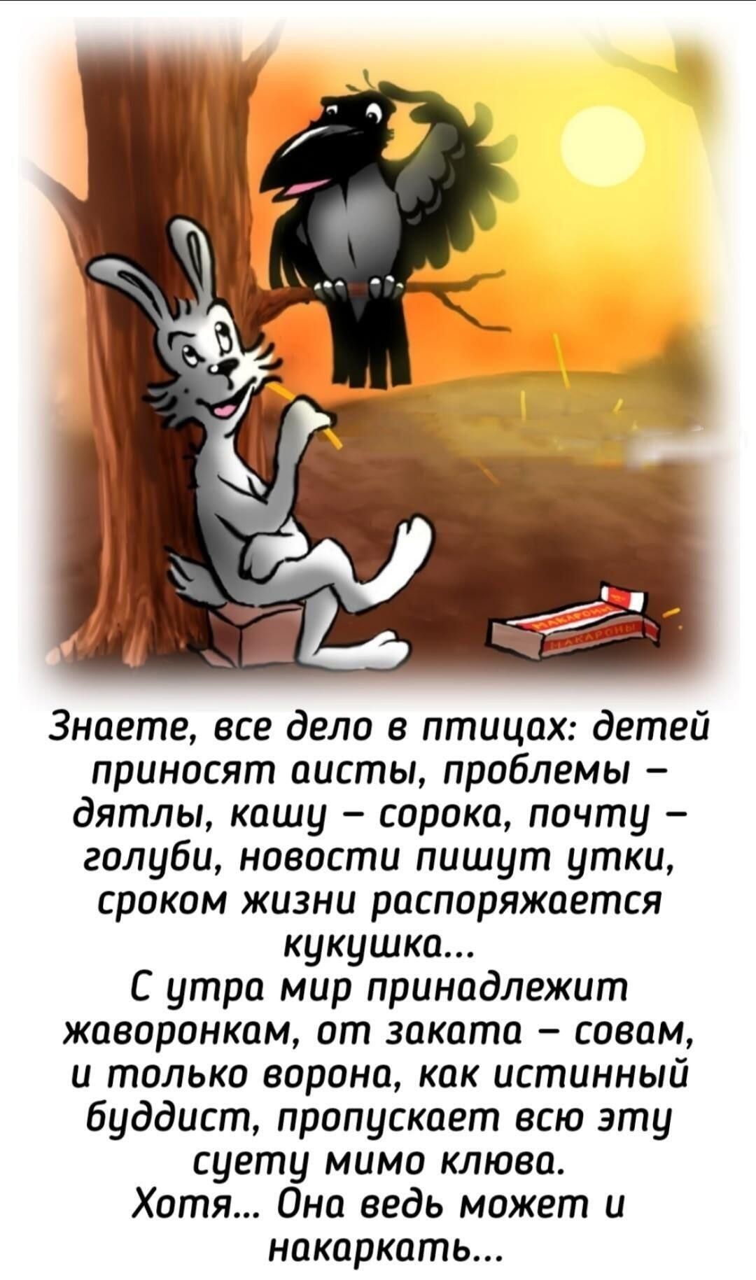 Знаете, все дело в птицах: дети приносят аисты, проблемы – дятлы, кашу – сорока, почту – голуби, новости пишет утки, сроком жизни распоряжается кукушка… С утра мир принадлежит жаворонкам, от заката – совам, и только ворона, как истинный буддист, пропускает всю эту суету мимо клюва. Хотя... Она ведь может и накаркать...