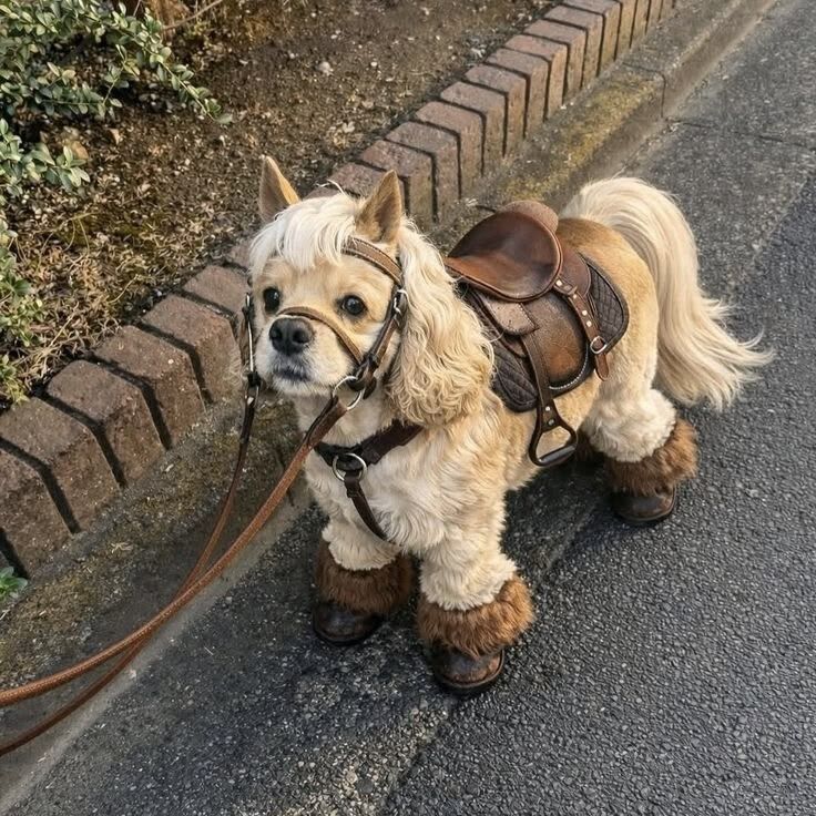 Маленькая собака в костюме лошадки на поводке.