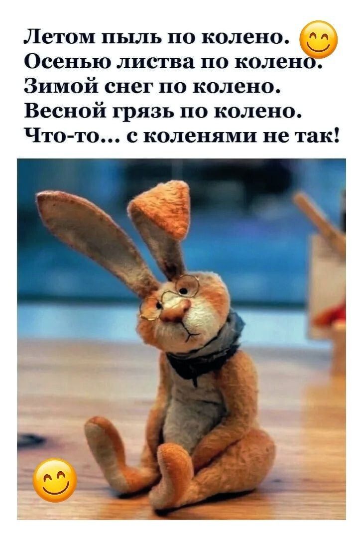 Летом пыль по колено. 😊 Осенью листья по колено. Зимой снег по колено. Весной грязь по колено. Что-то... с коленями не так!