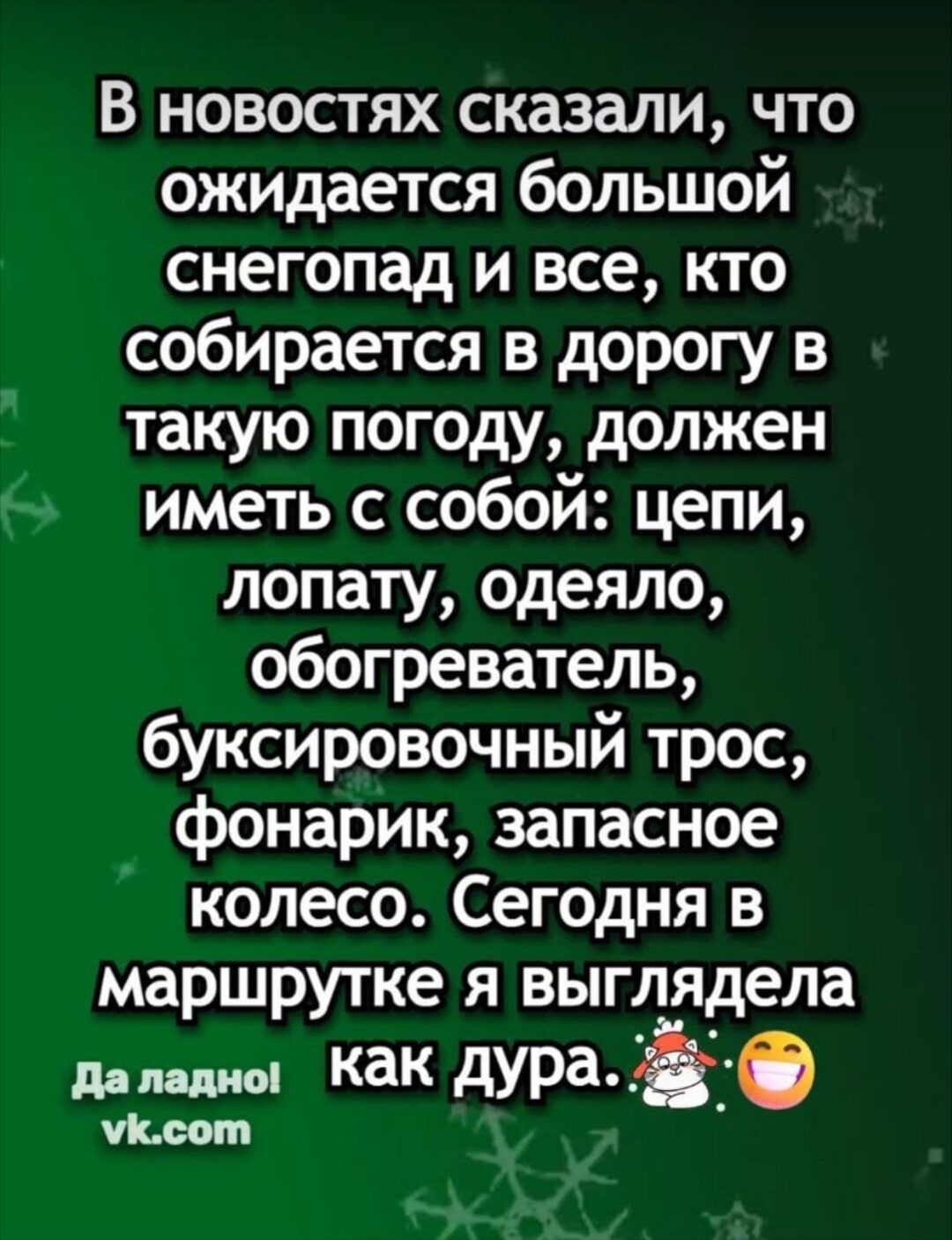 В новостях сказали, что ожидается большой снегопад и все, кто собирается в дорогу в такую погоду, должен иметь с собой: цепи, лопату, одеяло, обогреватель, буксировочный трос, фонарик, запасное колесо. Сегодня в маршрутке я выглядела как дура. 😄