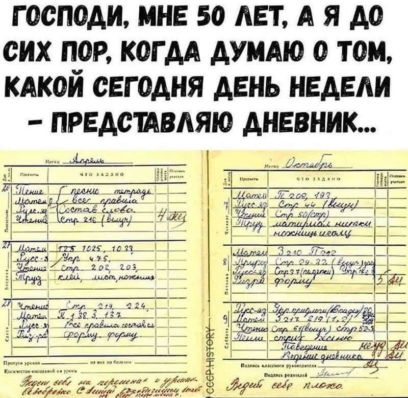 Господи, мне 50 лет, а я до сих пор, когда думаю о том, какой сегодня день недели, представляю дневник...